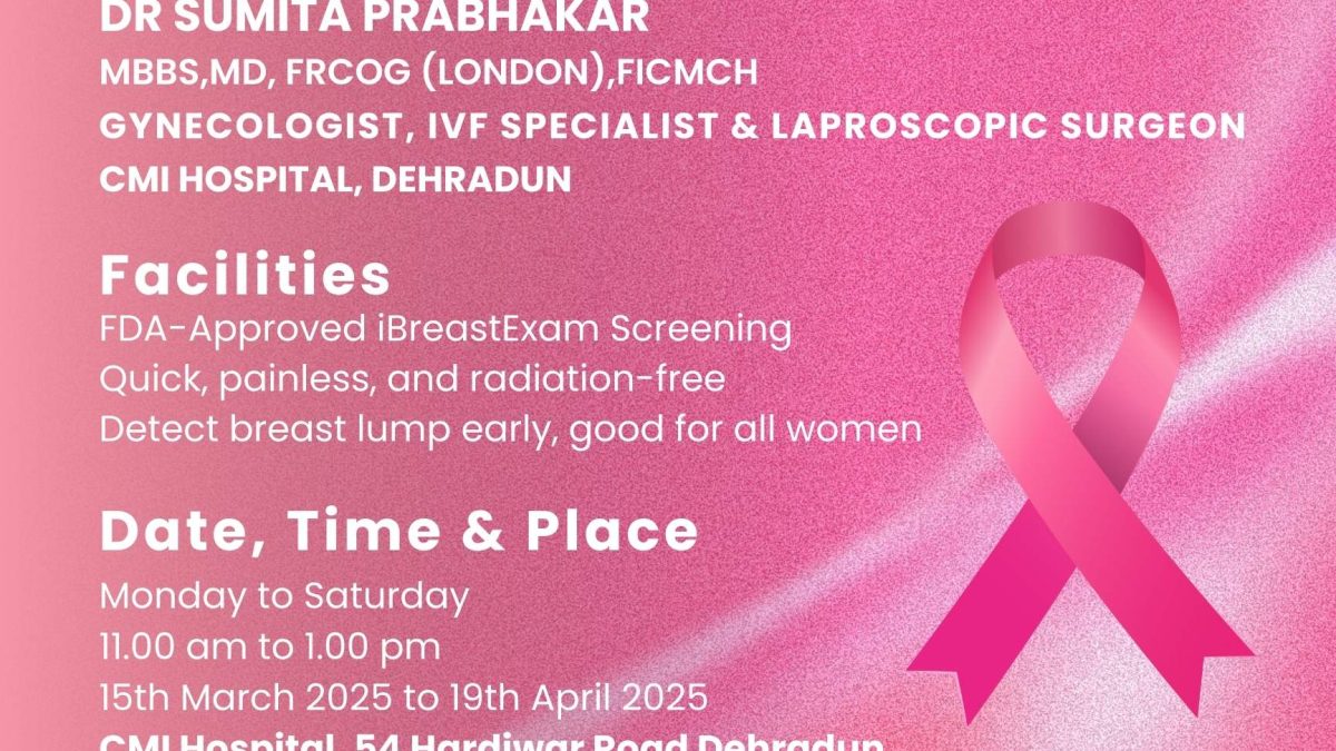 Free Breast Screening Camp organized by Dr. Sumita Prabhakar, Gynecologist at CMI Hospital, Dehradun. Includes details on date, time, location, and contact information for appointments.