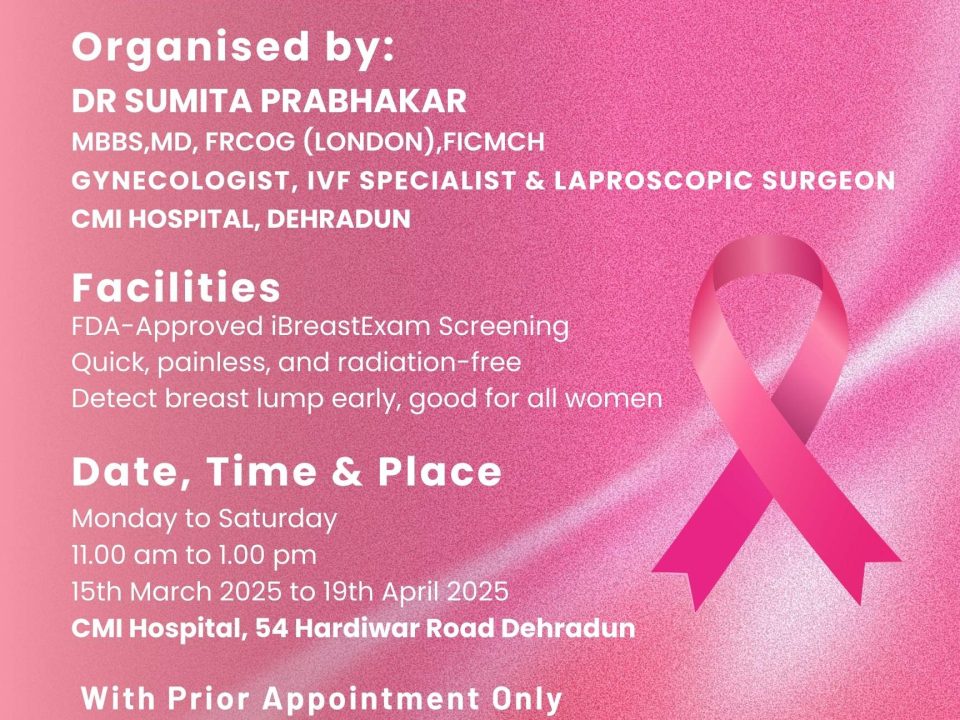 Free Breast Screening Camp organized by Dr. Sumita Prabhakar, Gynecologist at CMI Hospital, Dehradun. Includes details on date, time, location, and contact information for appointments.