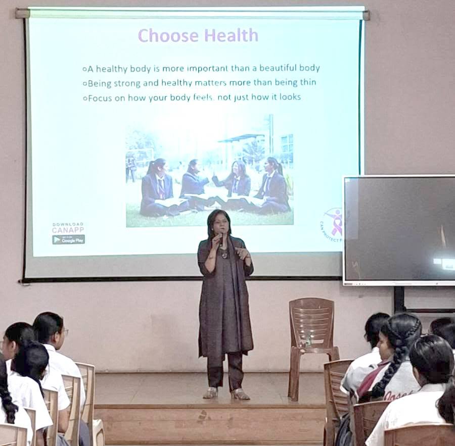 Dr. Sumita Prabhakar delivering an adolescent health awareness session at St. Joseph's Academy, Dehradun.