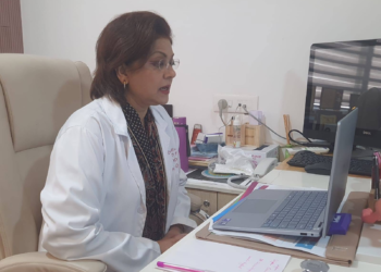 Dr. Sumita Prabhakar delivering an online educational session on breast and cervical cancer awareness.